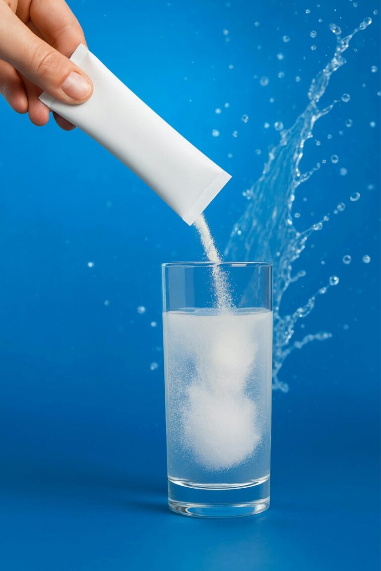 Hand pouring powder from packet into glass of water.