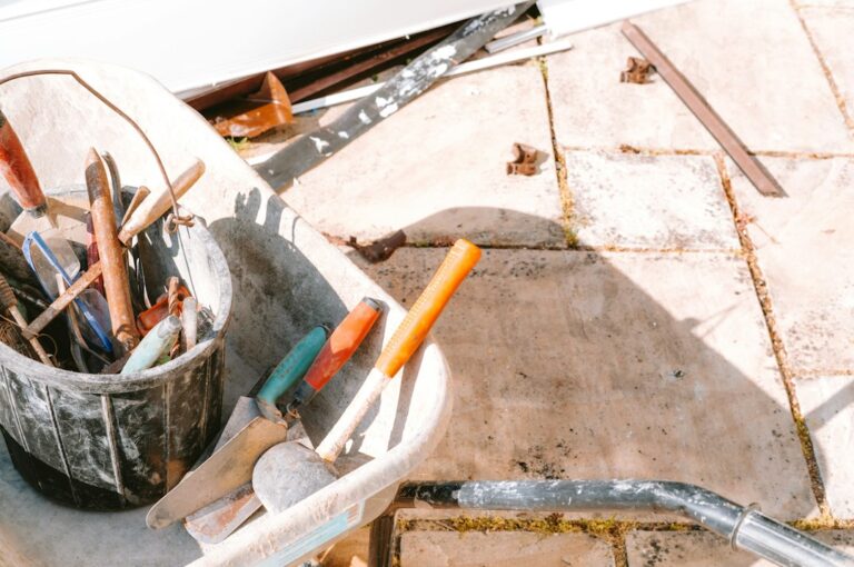 Assortment of construction tools on a building site
